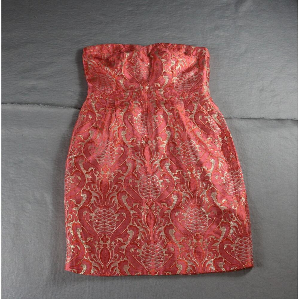 Kate Spade Dress 10 Orange Pink Faye Pineapple Strapless Damask Jacquard Fabric - Picture 2 of 6